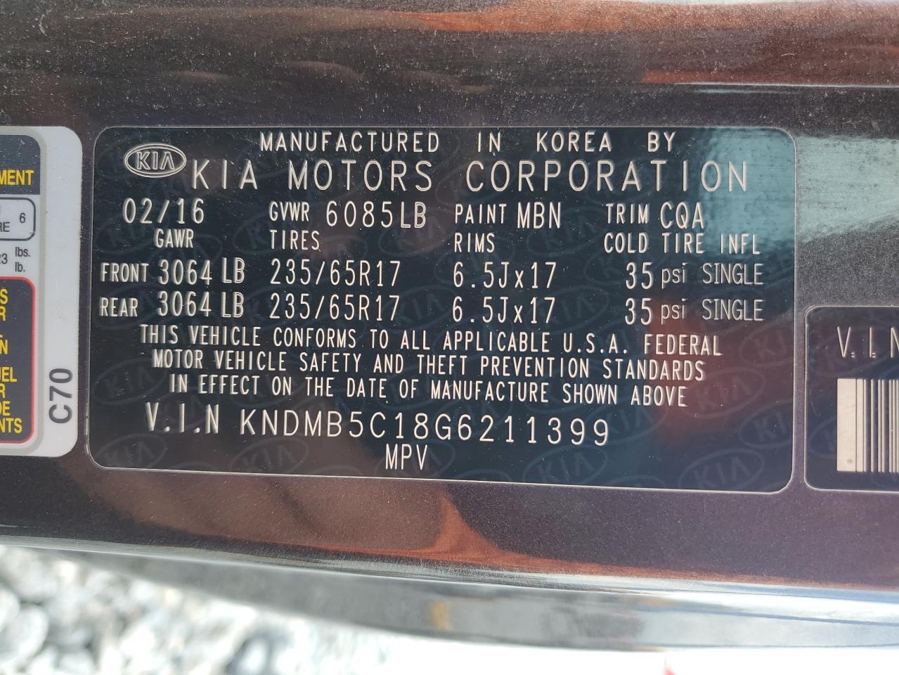 2016 Kia Sedona Lx VIN: KNDMB5C18G6211399 Lot: 81845675