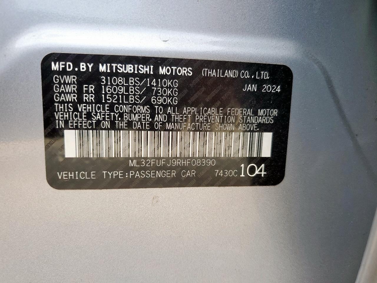 2024 Mitsubishi Mirage G4 Es VIN: ML32FUFJ9RHF08390 Lot: 82125405