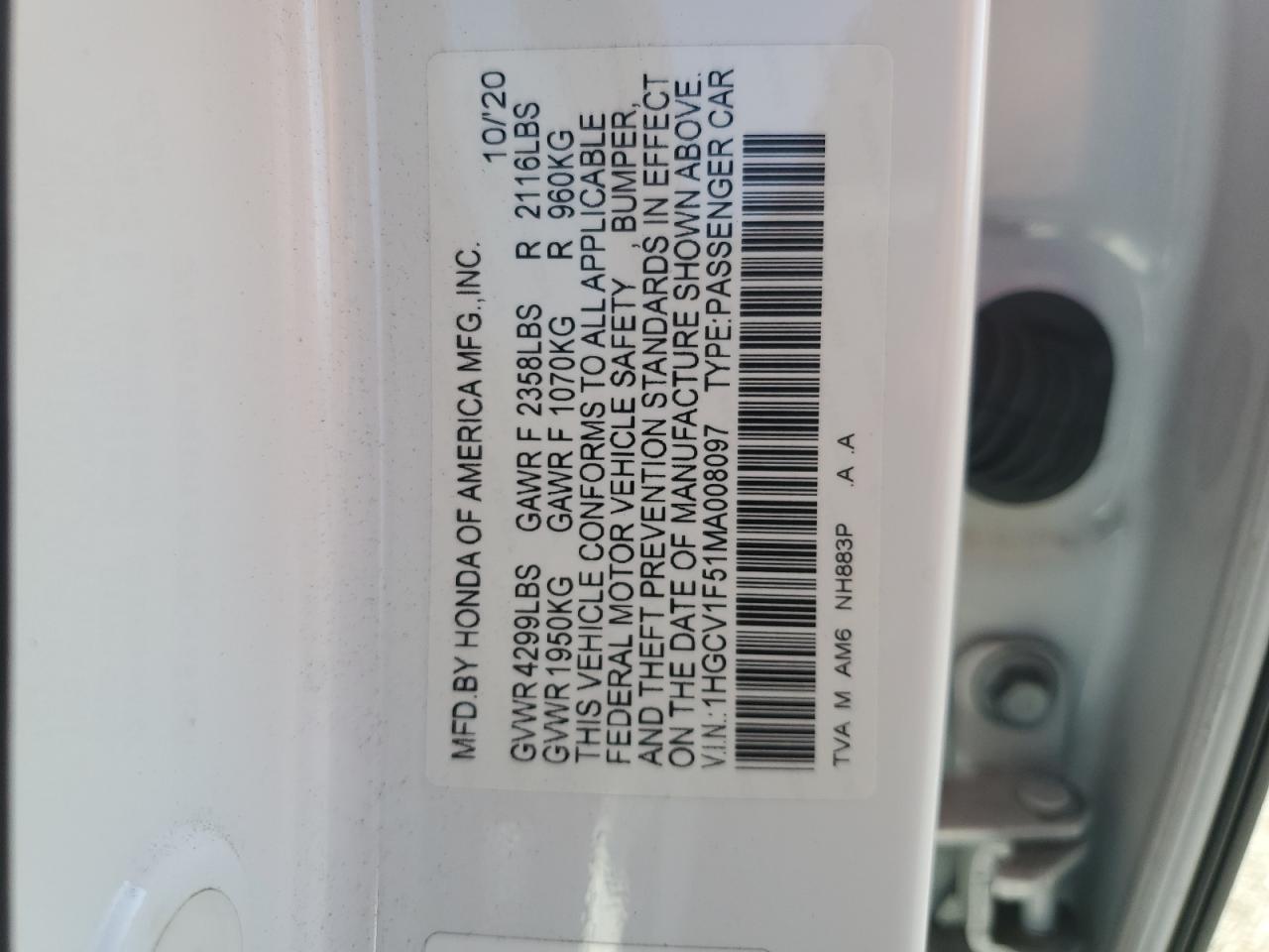 2021 Honda Accord Exl VIN: 1HGCV1F51MA008097 Lot: 80035805