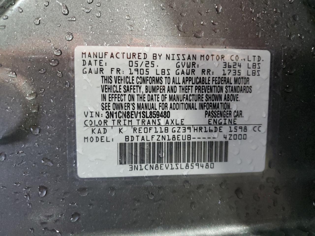 2025 Nissan Versa Sv VIN: 3N1CN8EV1SL859480 Lot: 80663615