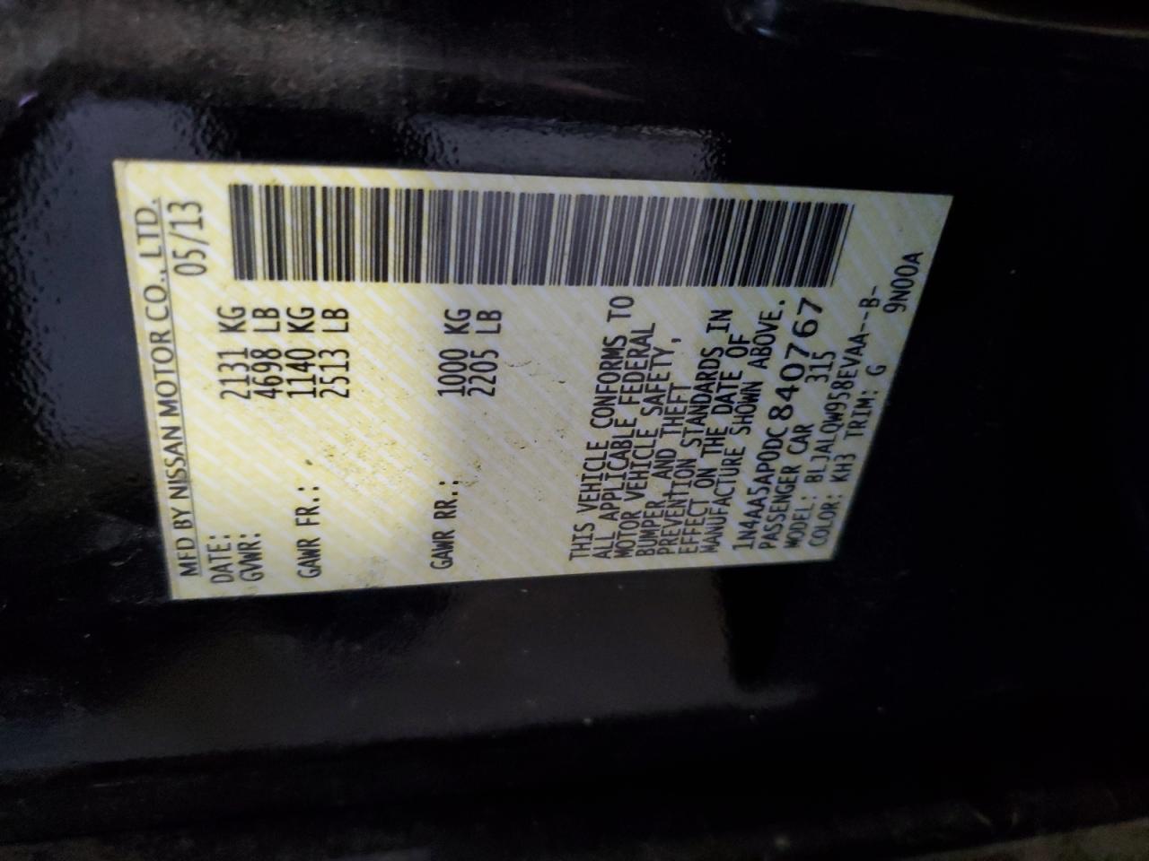 2013 Nissan Maxima S VIN: 1N4AA5AP0DC840767 Lot: 81739845