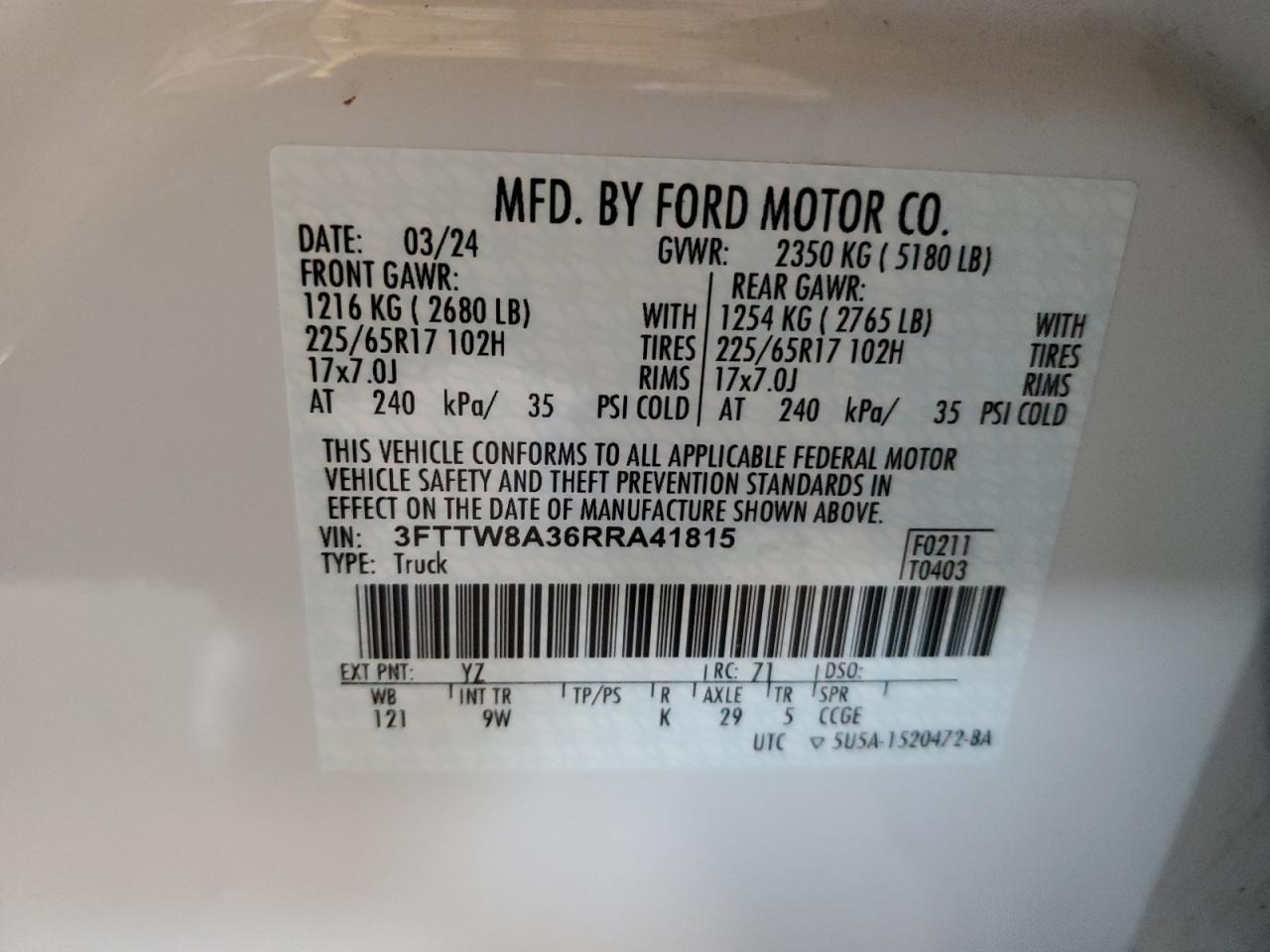 2024 Ford Maverick Xl VIN: 3FTTW8A36RRA41815 Lot: 81503815