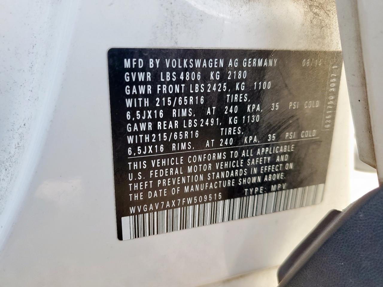 2015 Volkswagen Tiguan S VIN: WVGAV7AX7FW509515 Lot: 81681295