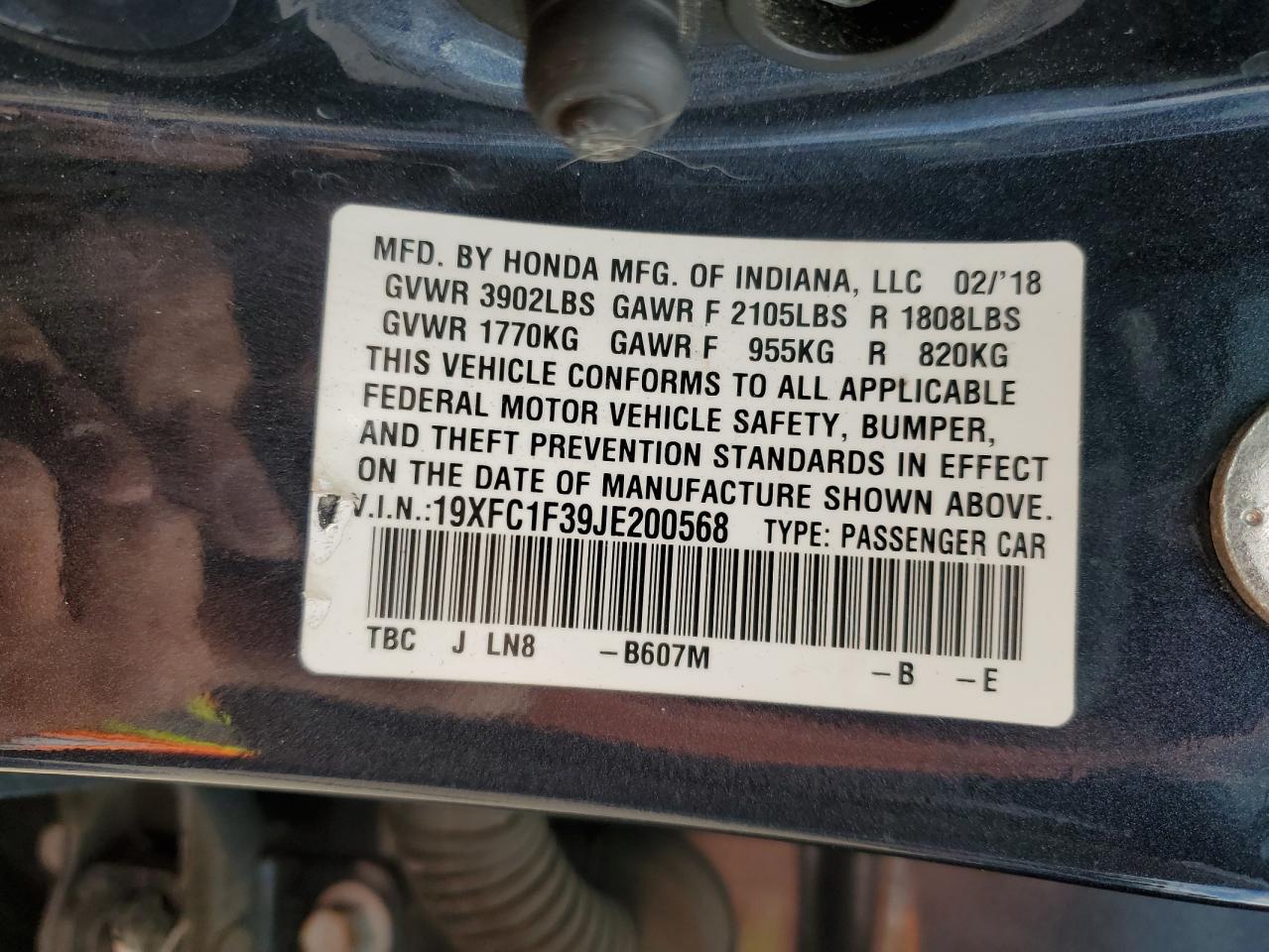 2018 Honda Civic Ex VIN: 19XFC1F39JE200568 Lot: 82152345