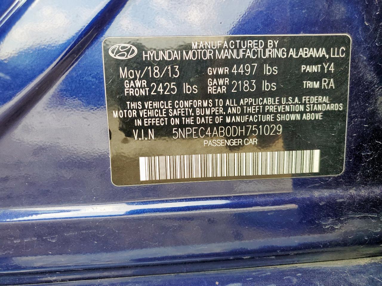2013 Hyundai Sonata Se VIN: 5NPEC4AB0DH751029 Lot: 71955825
