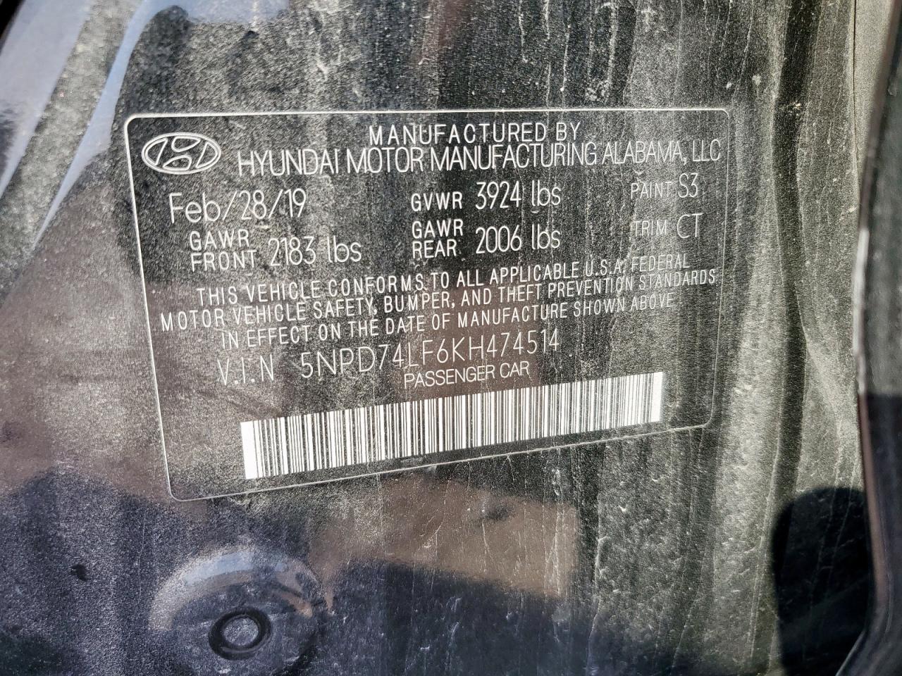 2019 Hyundai Elantra Se VIN: 5NPD74LF6KH474514 Lot: 80253525