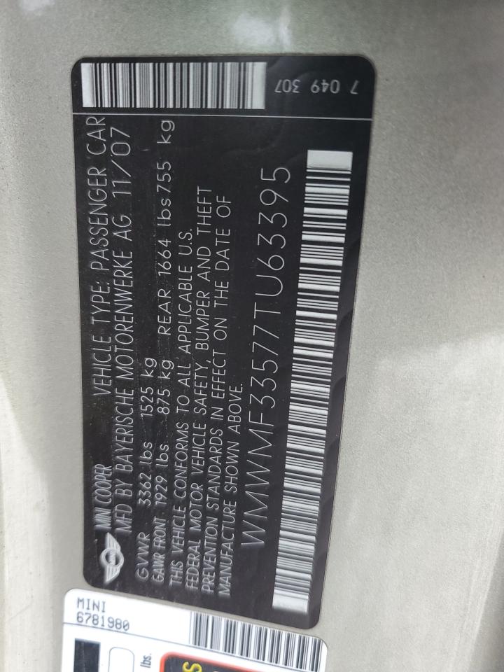 2007 Mini Cooper VIN: WMWMF33577TU63395 Lot: 84724645