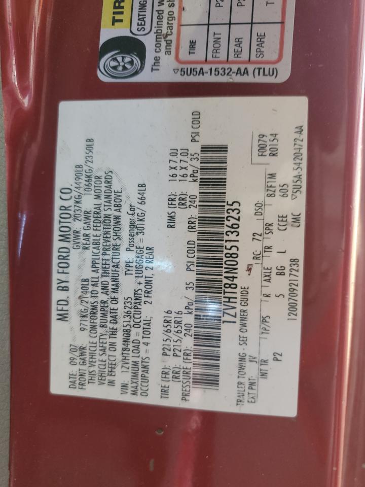 2008 Ford Mustang VIN: 1ZVHT84N085136235 Lot: 81880705
