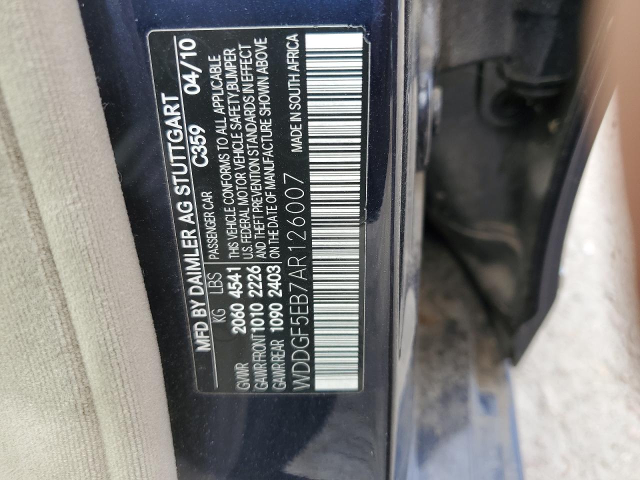 2010 Mercedes-Benz C 300 VIN: WDDGF5EB7AR126007 Lot: 71503305