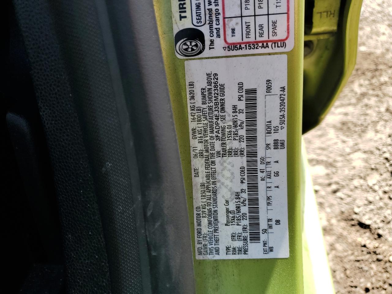 2011 Ford Fiesta Se VIN: 3FADP4EJ3BM238629 Lot: 84736805