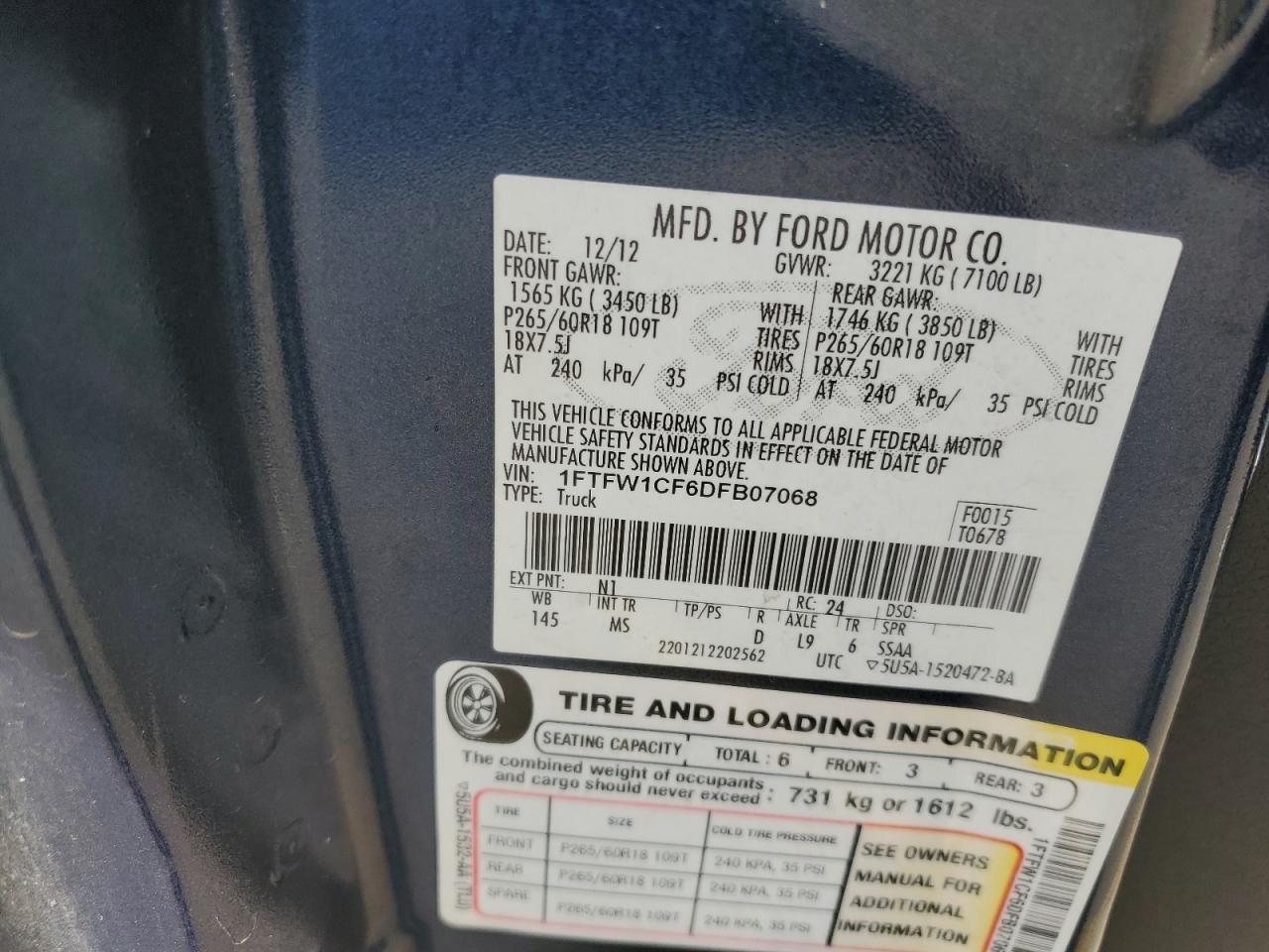 2013 Ford F150 Supercrew VIN: 1FTFW1CF6DFB07068 Lot: 81619135