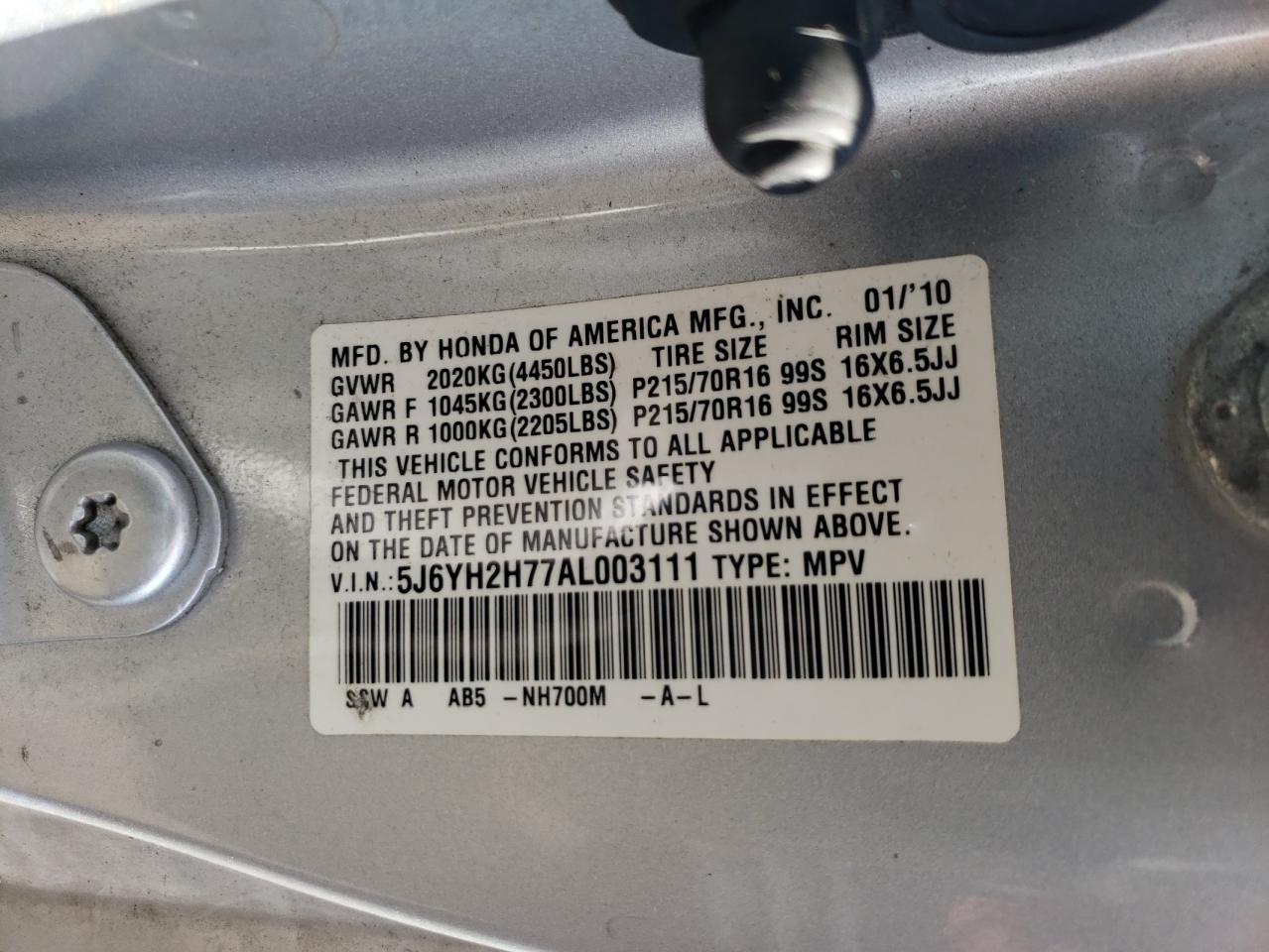 2010 Honda Element Ex VIN: 5J6YH2H77AL003111 Lot: 84436405