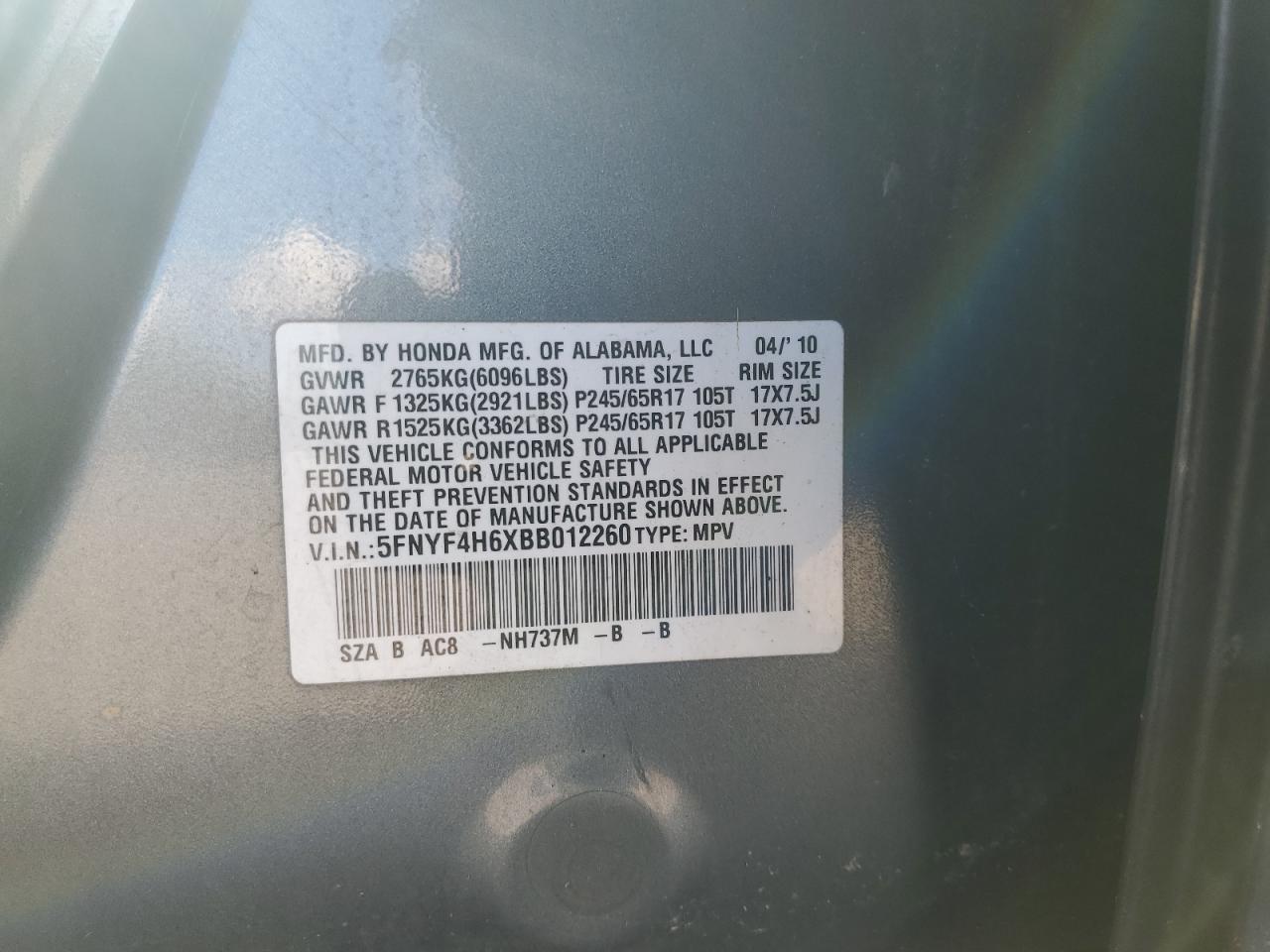 2011 Honda Pilot Exl VIN: 5FNYF4H6XBB012260 Lot: 71324325