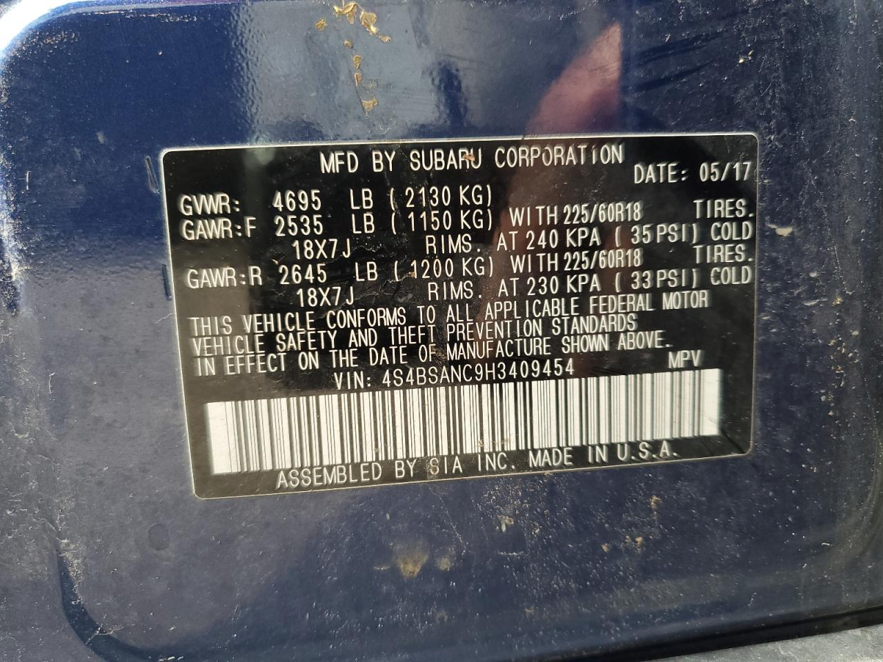 2017 Subaru Outback 2.5I Limited VIN: 4S4BSANC9H3409454 Lot: 84466635