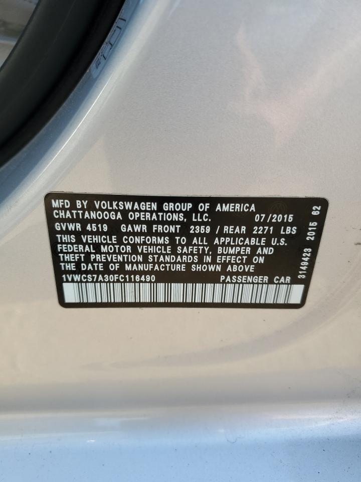 2015 Volkswagen Passat Sel VIN: 1VWCS7A30FC116490 Lot: 81123015