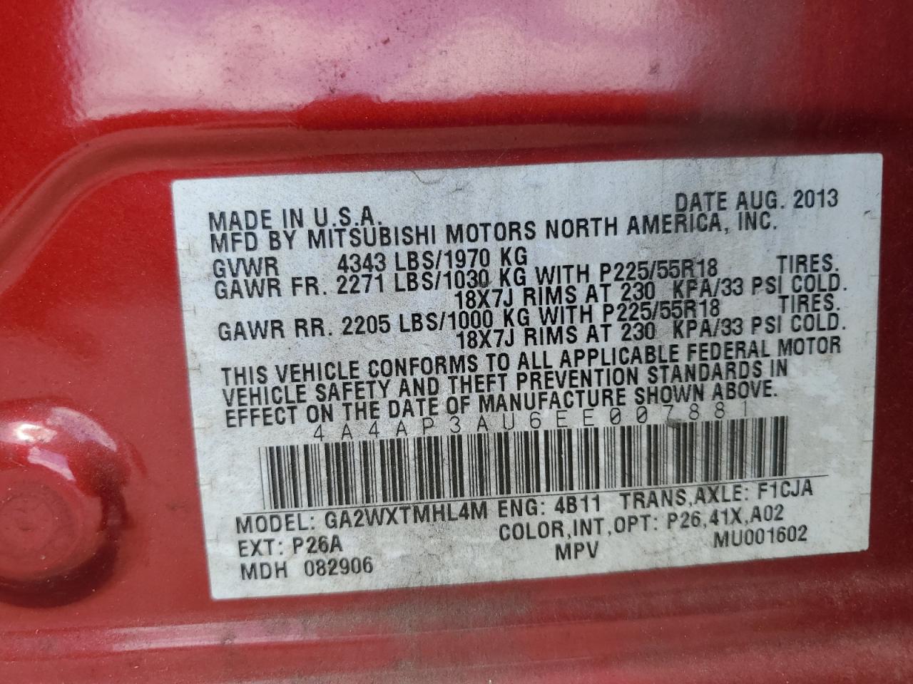 2014 Mitsubishi Outlander Sport Es VIN: 4A4AP3AU6EE007881 Lot: 71462415