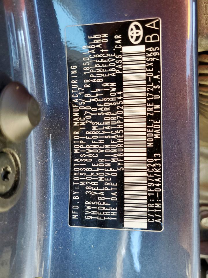 2017 Toyota Corolla L VIN: 5YFBURHE5HP702544 Lot: 84051565