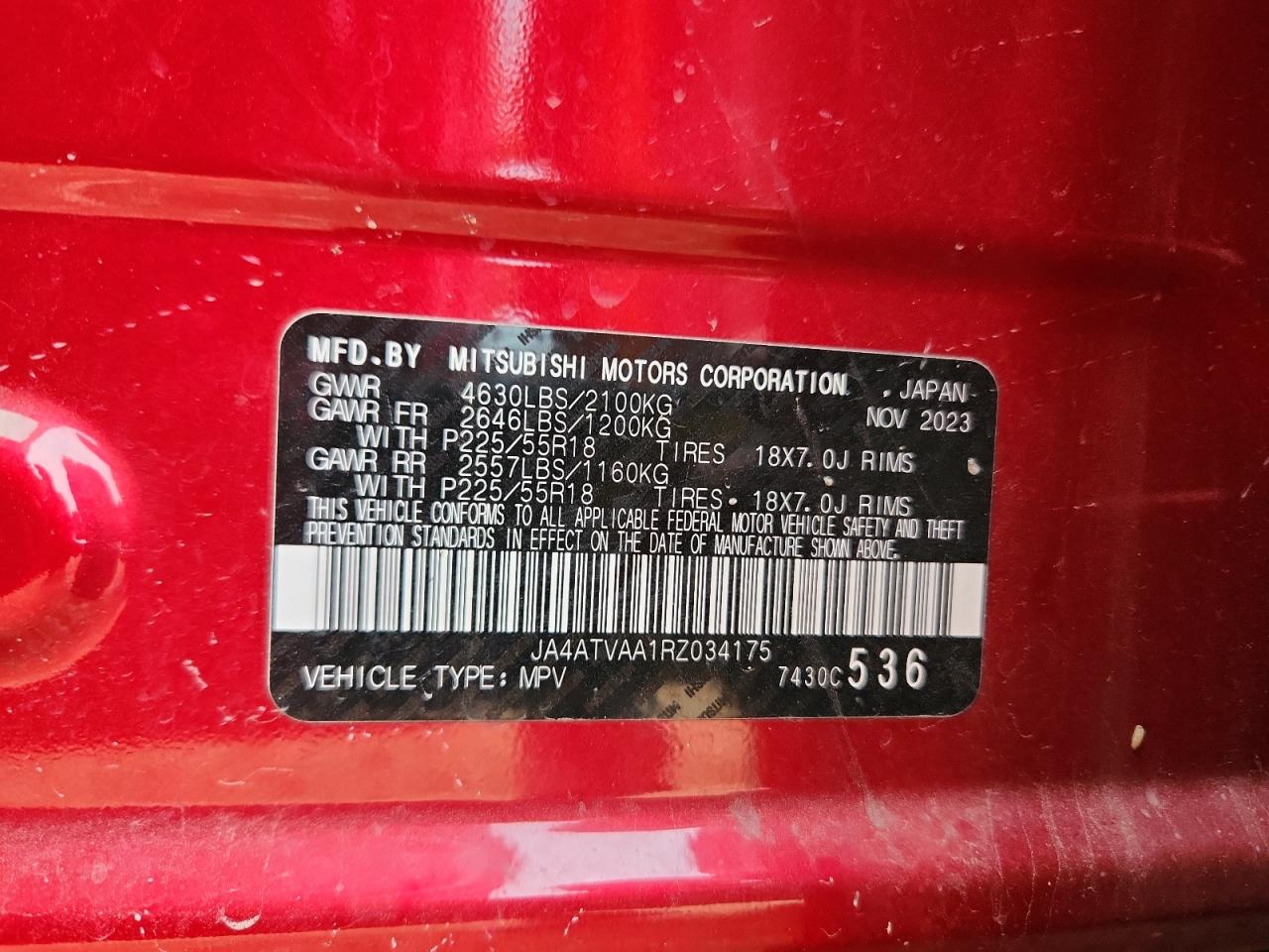 2024 Mitsubishi Eclipse Cross Le VIN: JA4ATVAA1RZ034175 Lot: 81613705