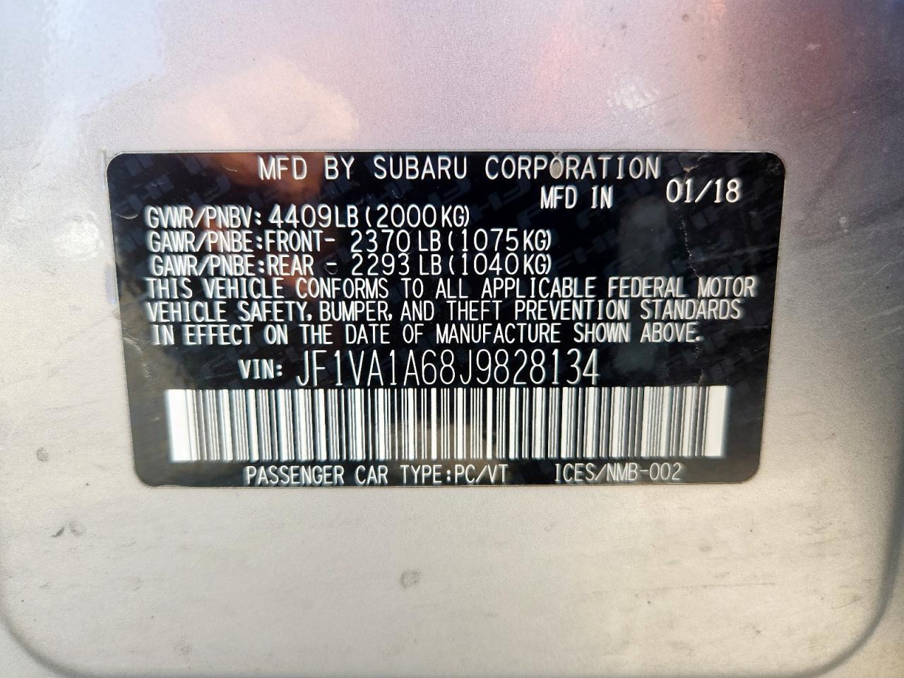 2018 Subaru Wrx VIN: JF1VA1A68J9828134 Lot: 84208105