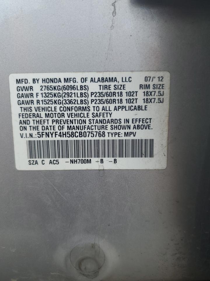 2012 Honda Pilot Exl VIN: 5FNYF4H58CB075768 Lot: 84778065