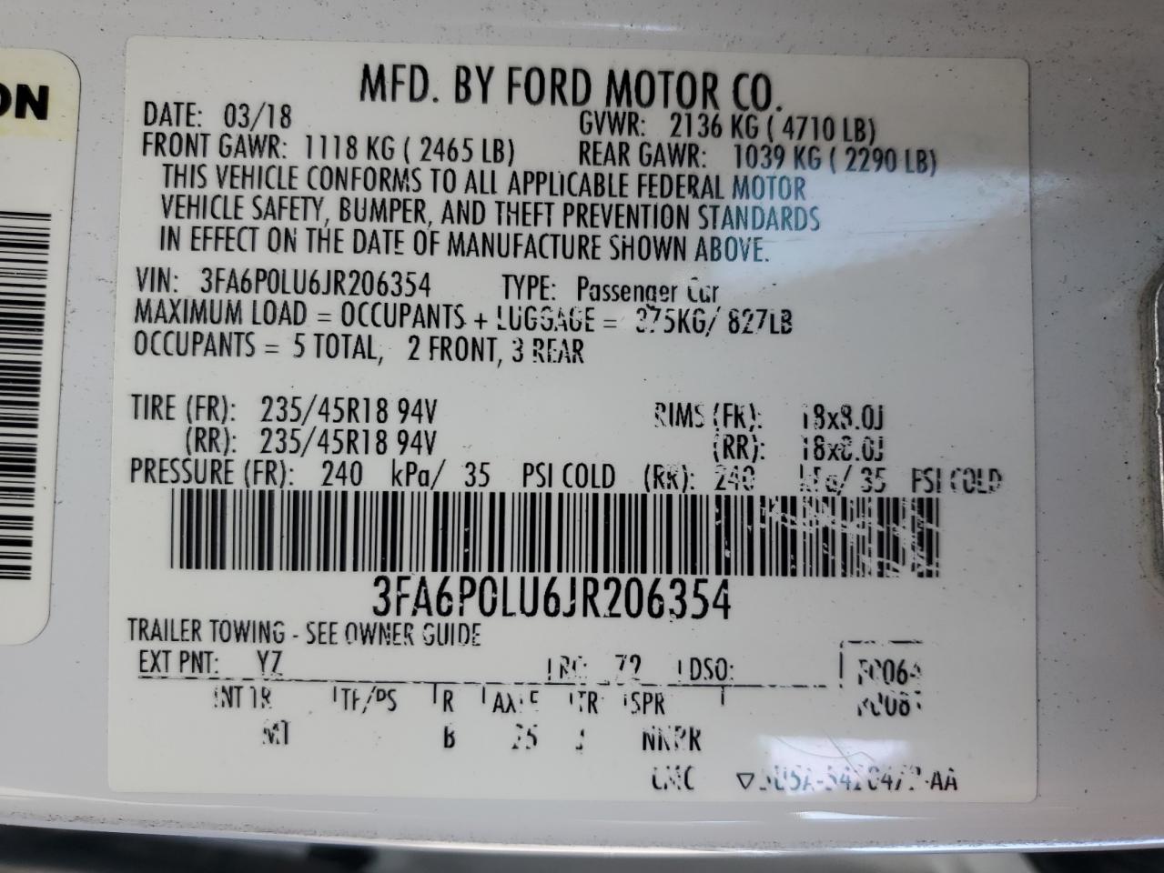2018 Ford Fusion Se Hybrid VIN: 3FA6P0LU6JR206354 Lot: 83793785