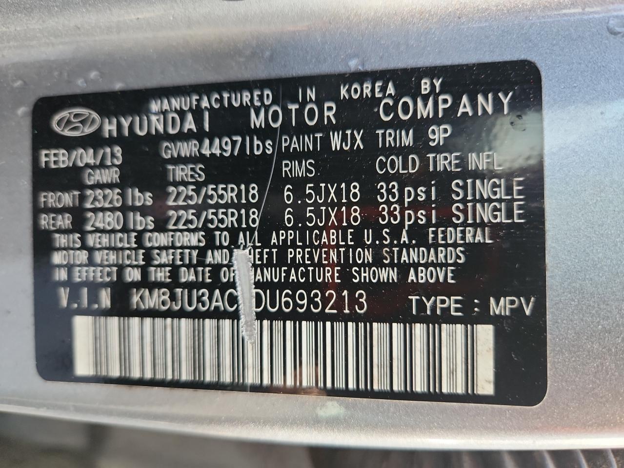 2013 Hyundai Tucson Gls VIN: KM8JU3AC9DU693213 Lot: 81209845