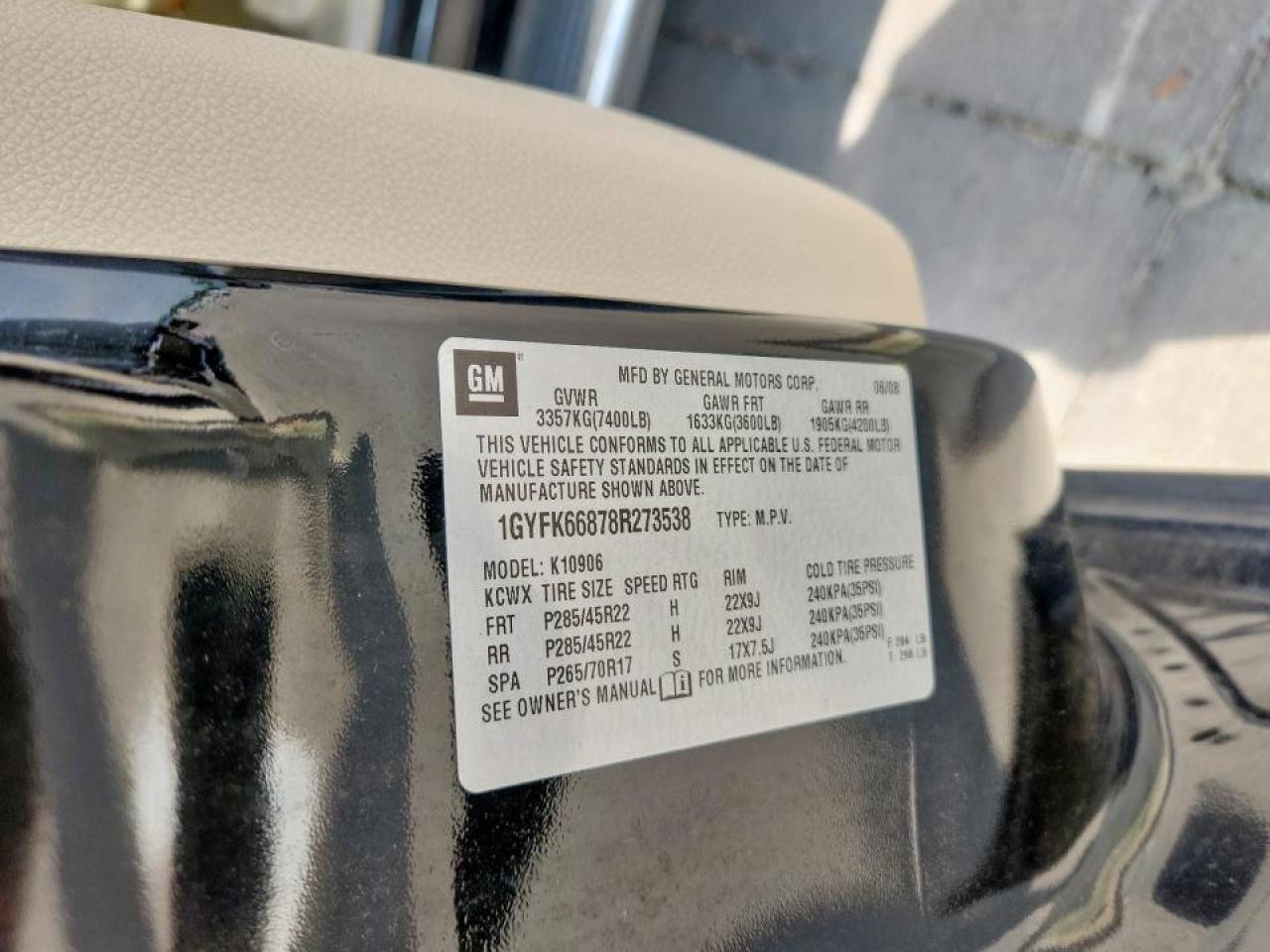 2008 Cadillac Escalade Esv VIN: 1GYFK66878R273538 Lot: 71280535