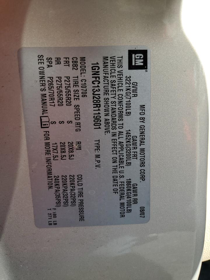 2008 Chevrolet Tahoe C1500 VIN: 1GNFC13J28R119601 Lot: 81861035