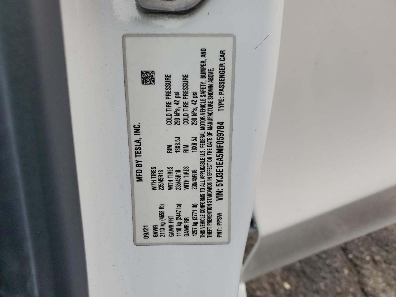 2021 Tesla Model 3 VIN: 5YJ3E1EA5MF059784 Lot: 83775685