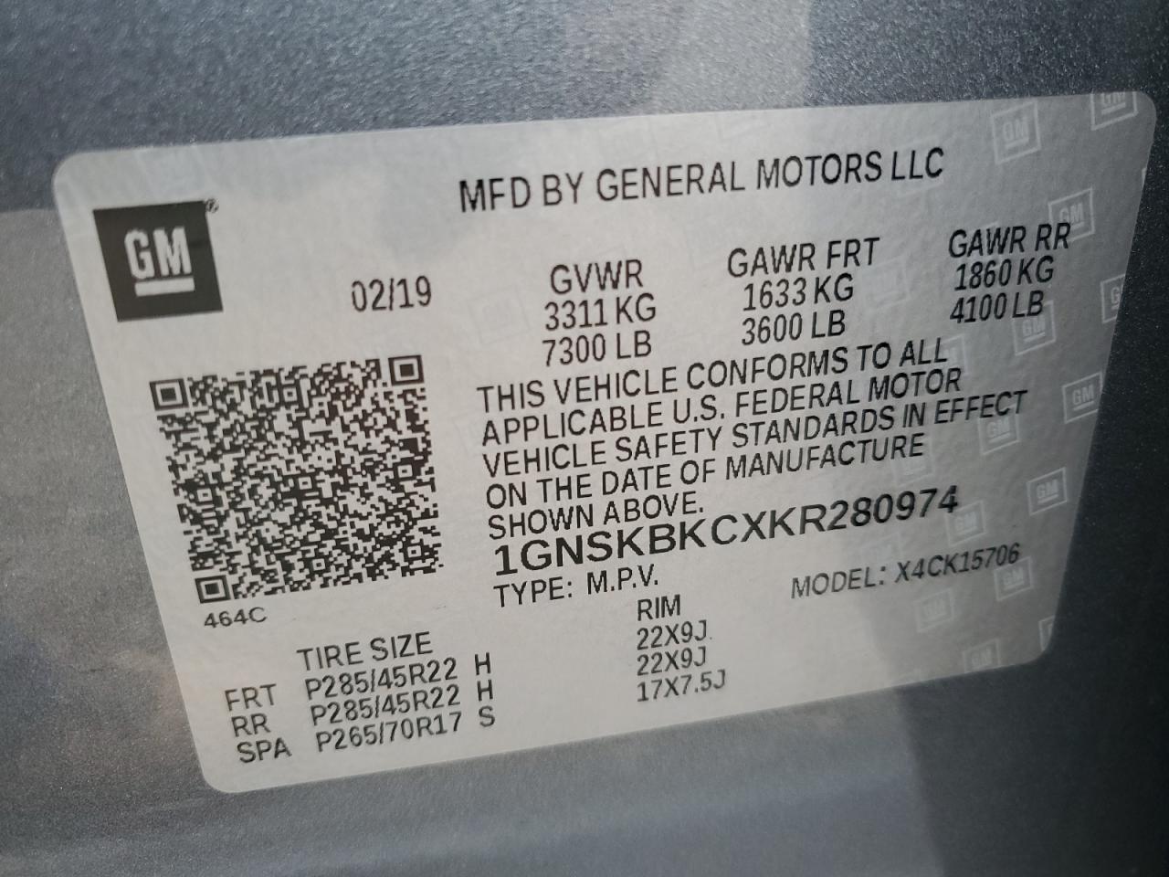 2019 Chevrolet Tahoe K1500 Lt VIN: 1GNSKBKCXKR280974 Lot: 80006755