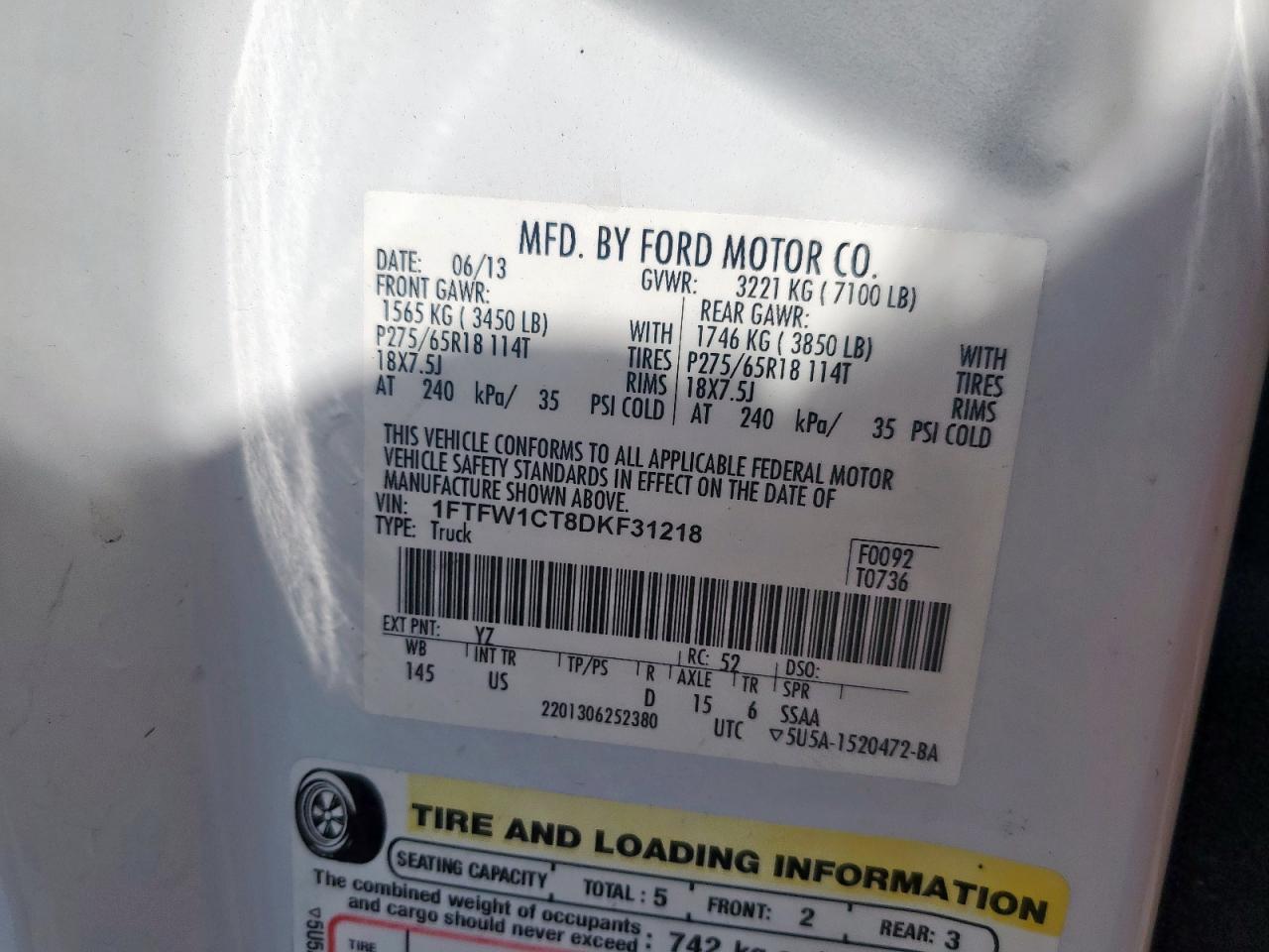 2013 Ford F150 Supercrew VIN: 1FTFW1CT8DKF31218 Lot: 82160995