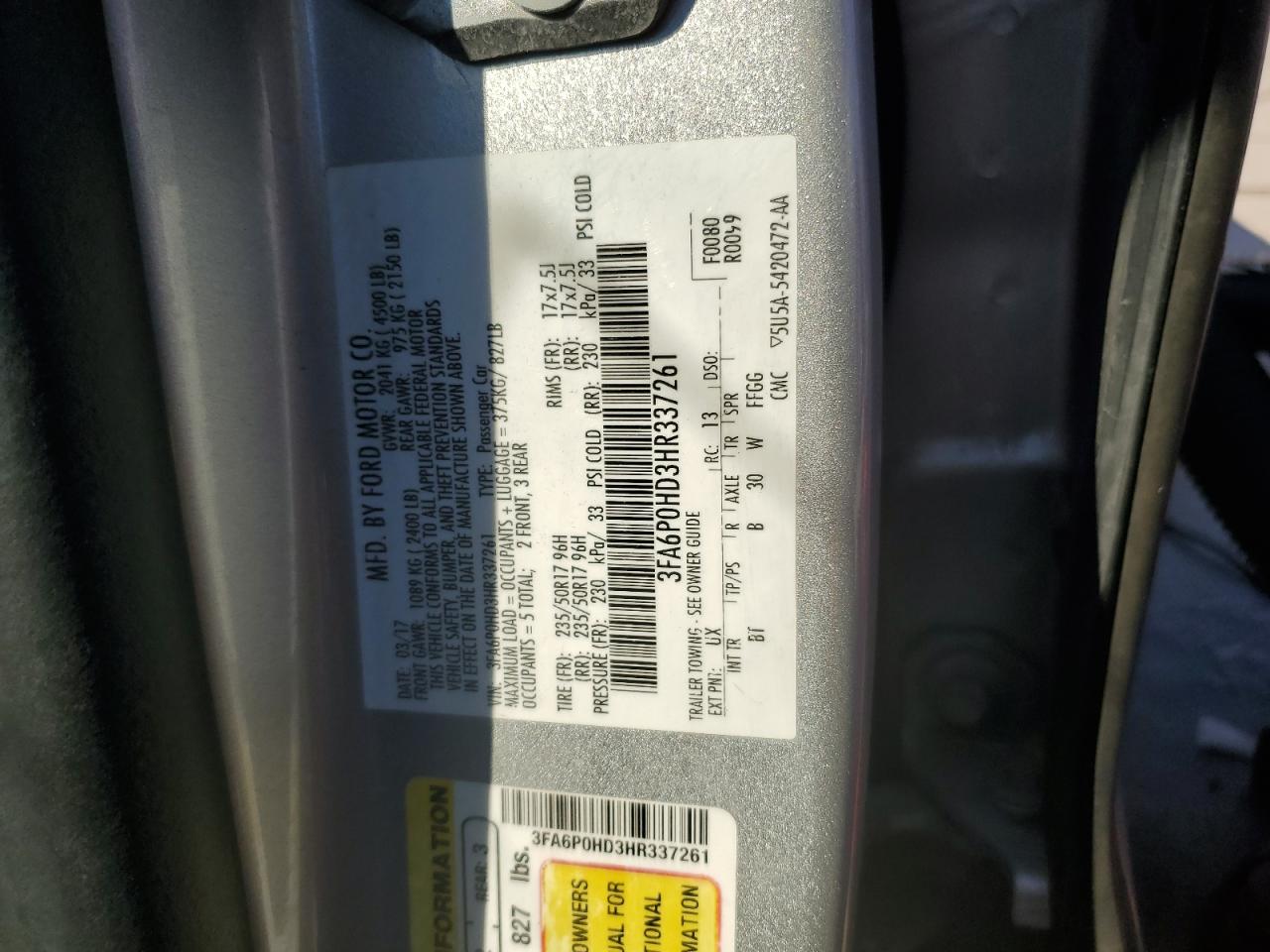 2017 Ford Fusion Se VIN: 3FA6P0HD3HR337261 Lot: 71035145