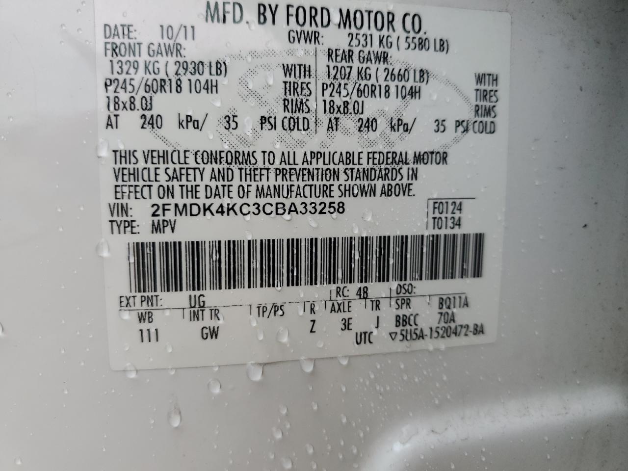 2012 Ford Edge Limited VIN: 2FMDK4KC3CBA33258 Lot: 70570495