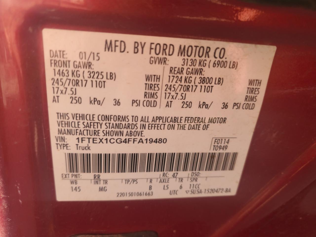 2015 Ford F150 Super Cab VIN: 1FTEX1CG4FFA19480 Lot: 71901095