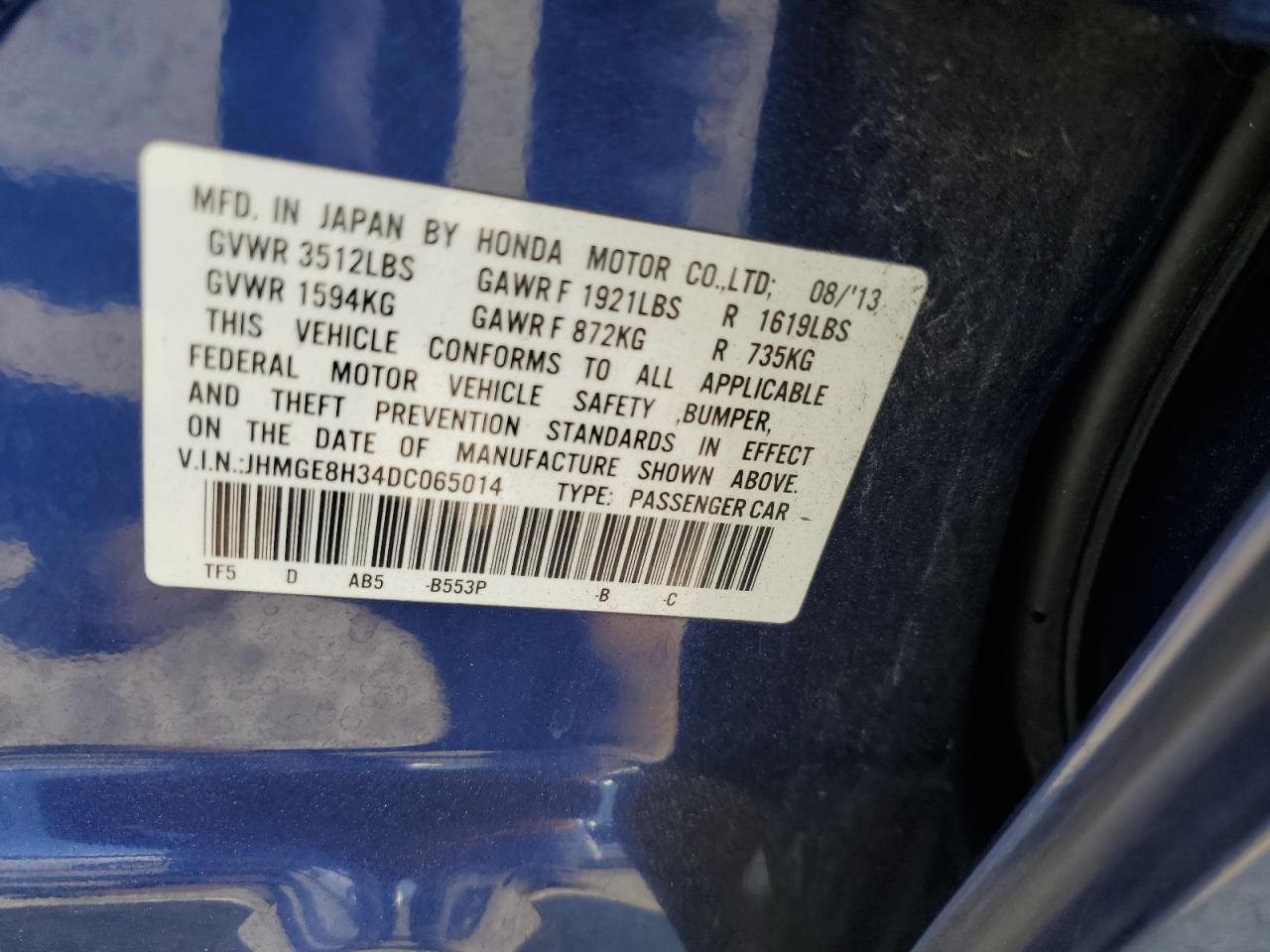 2013 Honda Fit VIN: JHMGE8H34DC065014 Lot: 84202875