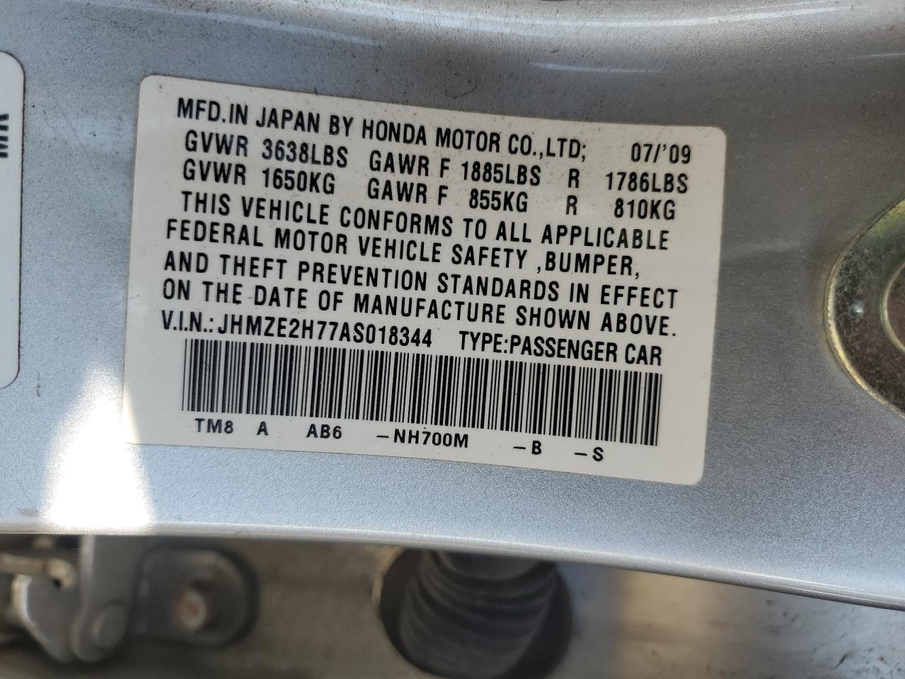 2010 Honda Insight Ex VIN: JHMZE2H77AS018344 Lot: 71785875