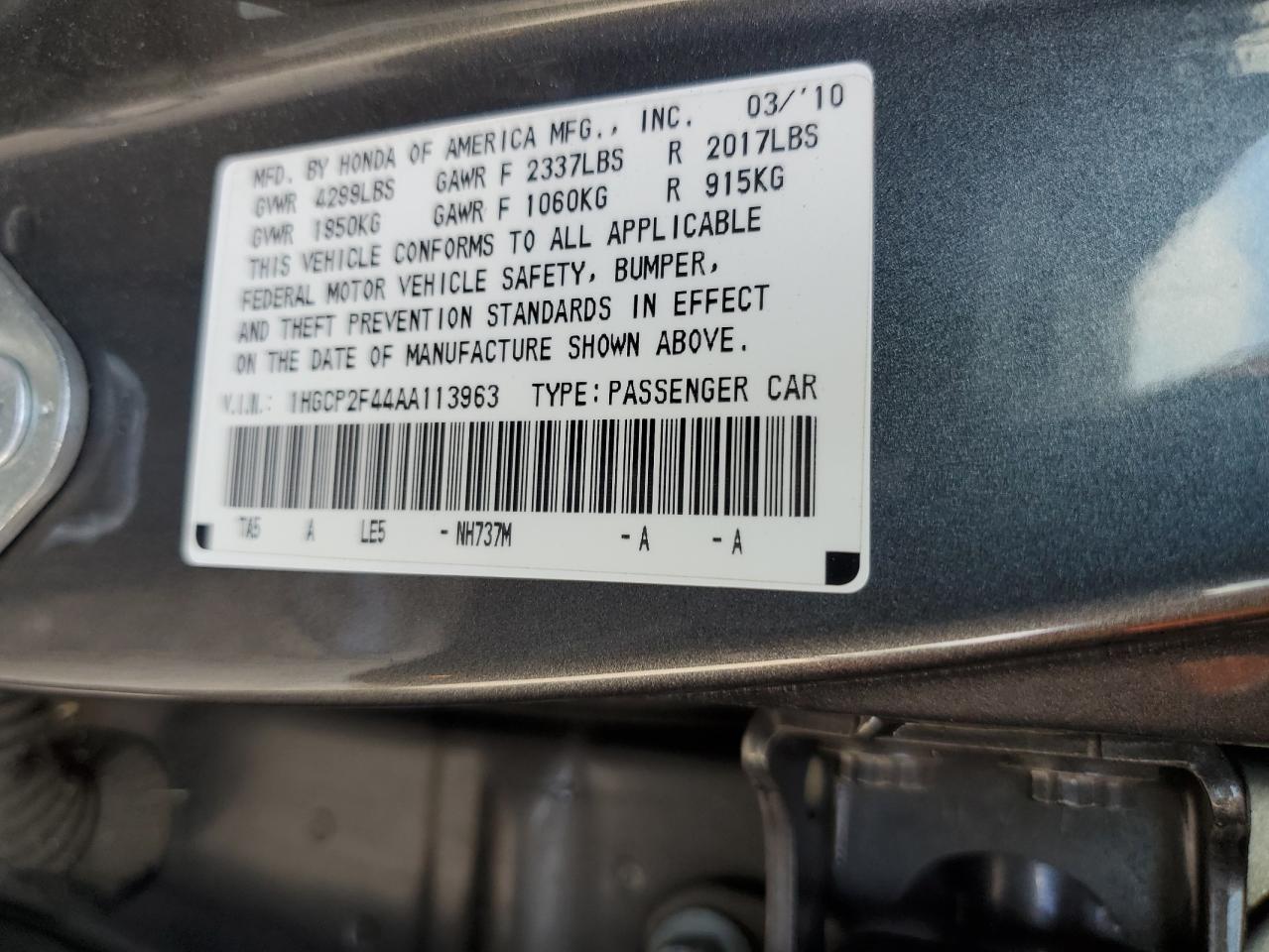 2010 Honda Accord Lxp VIN: 1HGCP2F44AA113963 Lot: 80120515