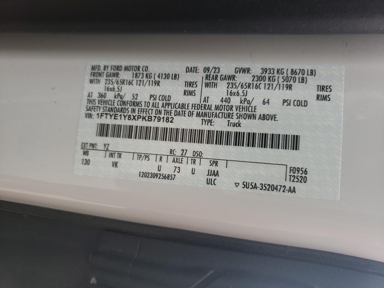 2023 Ford Transit T-150 VIN: 1FTYE1Y8XPKB79182 Lot: 84725455