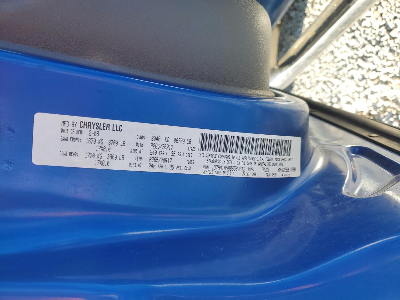 2008 Dodge Ram 1500 St VIN: 1D7HA18N88S580612 Lot: 84567865