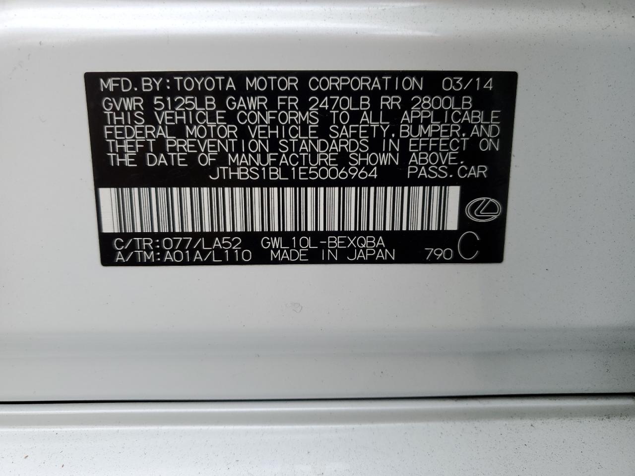 2014 Lexus Gs 450H VIN: JTHBS1BL1E5006964 Lot: 81720495