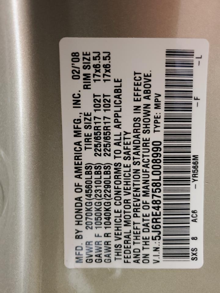 2008 Honda Cr-V Exl VIN: 5J6RE48758L008990 Lot: 72083645