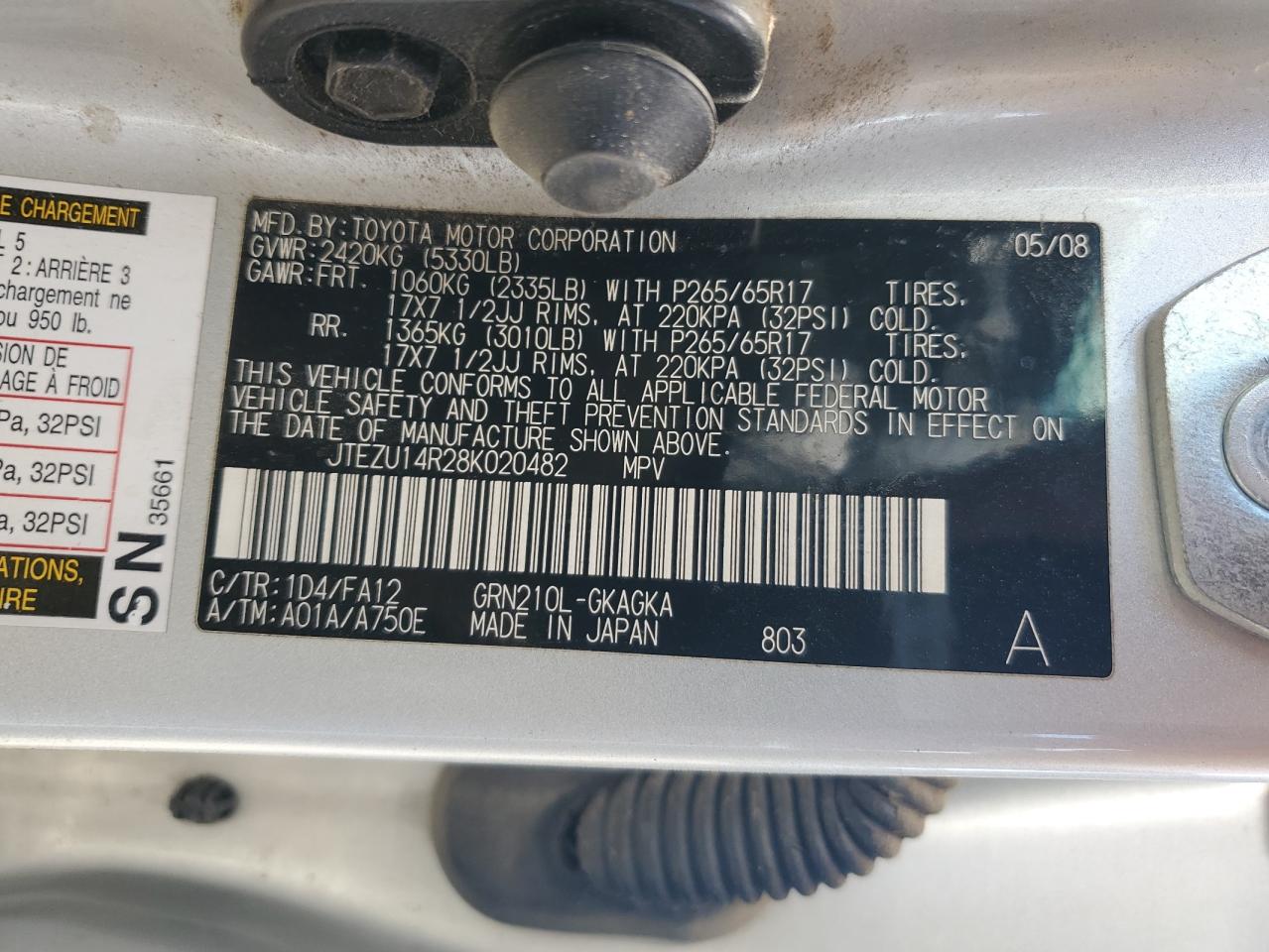 2008 Toyota 4Runner Sr5 VIN: JTEZU14R28K020482 Lot: 71368335