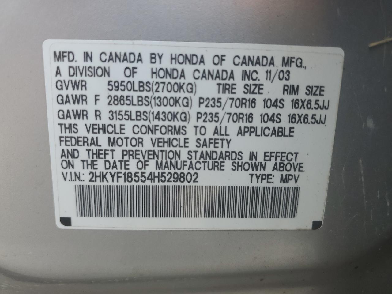 2004 Honda Pilot Exl VIN: 2HKYF18554H529802 Lot: 80245455