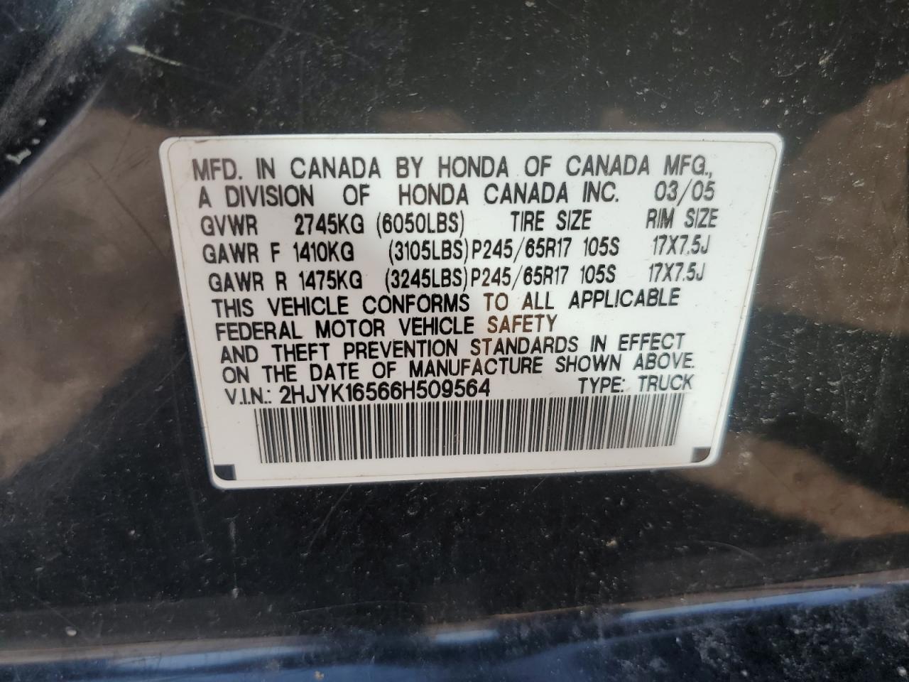 2006 Honda Ridgeline Rtl VIN: 2HJYK16566H509564 Lot: 81253515