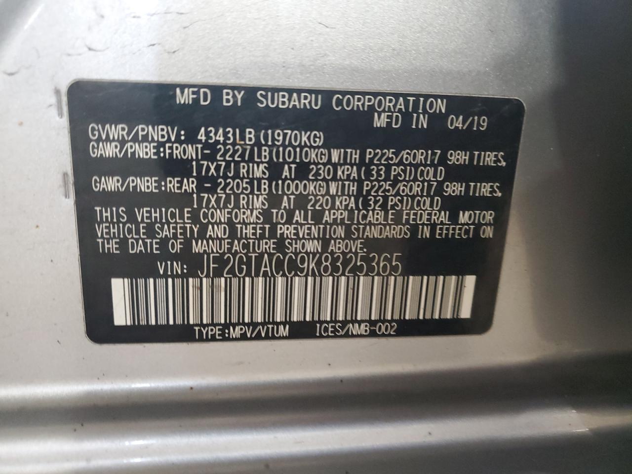 2019 Subaru Crosstrek Premium VIN: JF2GTACC9K8325365 Lot: 71228145