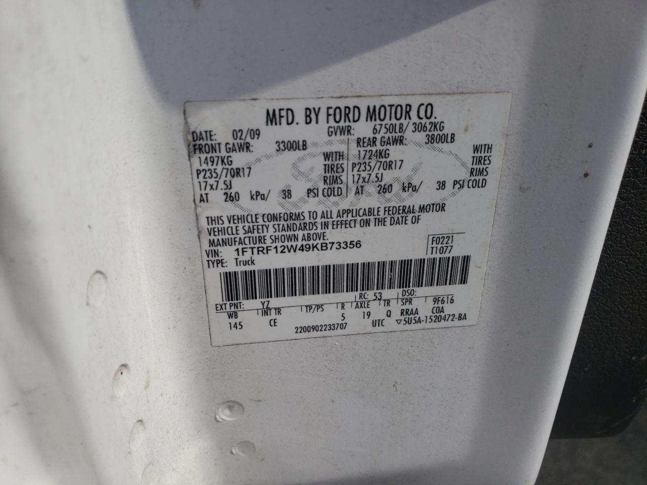 2009 Ford F150 VIN: 1FTRF12W49KB73356 Lot: 81132545