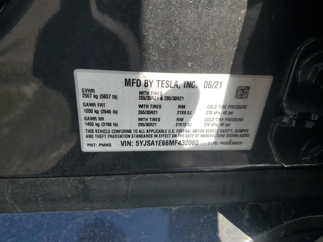 2021 Tesla Model S VIN: 5YJSA1E66MF432060 Lot: 82046195