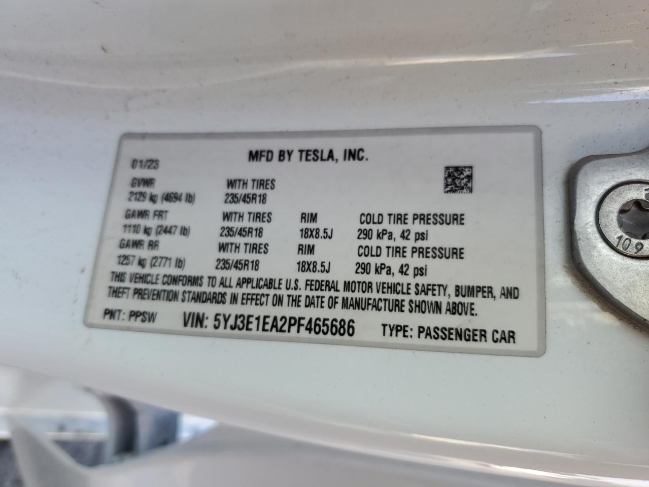 2023 Tesla Model 3 VIN: 5YJ3E1EA2PF465686 Lot: 84291525