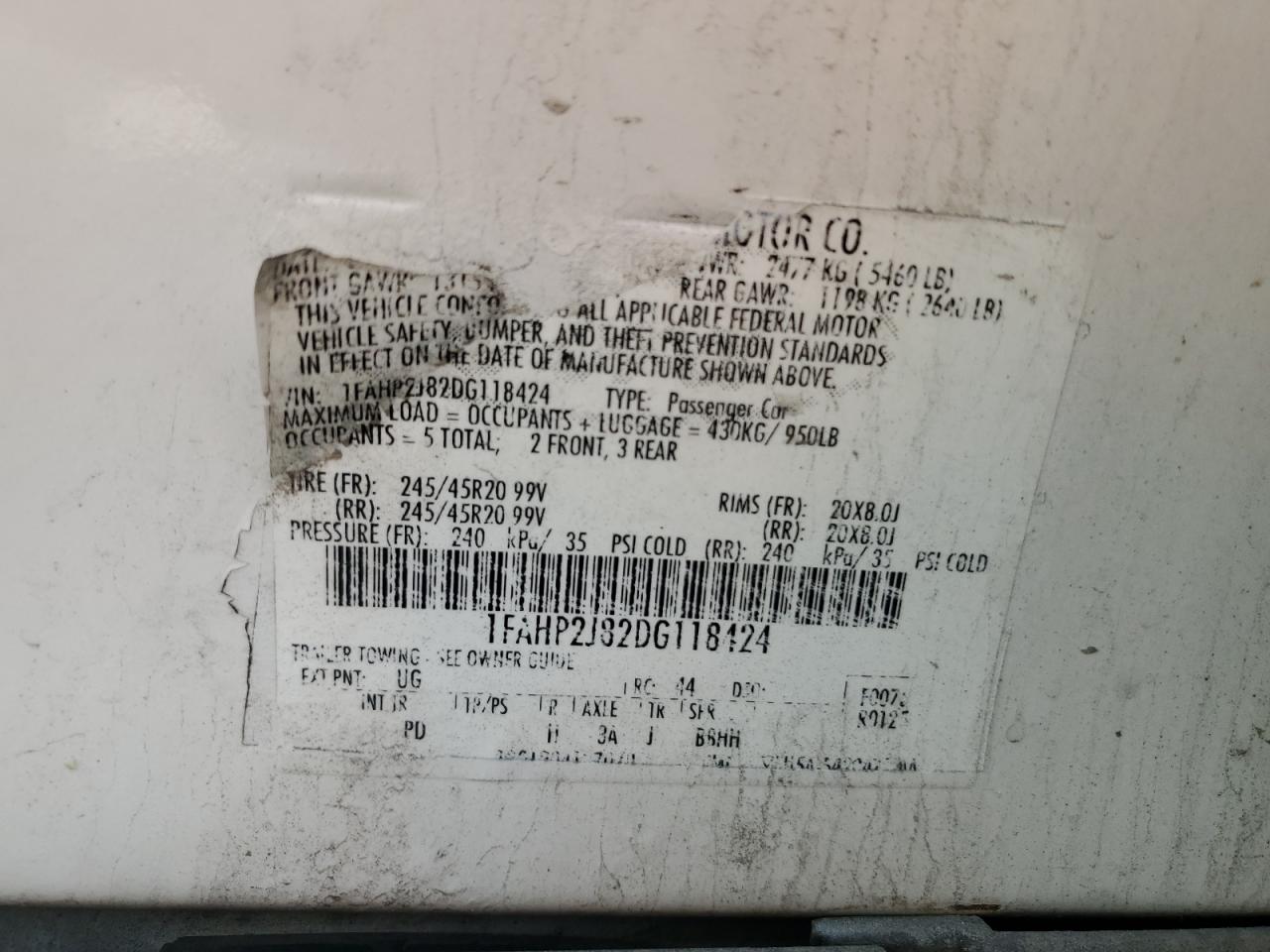 2013 Ford Taurus Limited VIN: 1FAHP2J82DG118424 Lot: 71887945