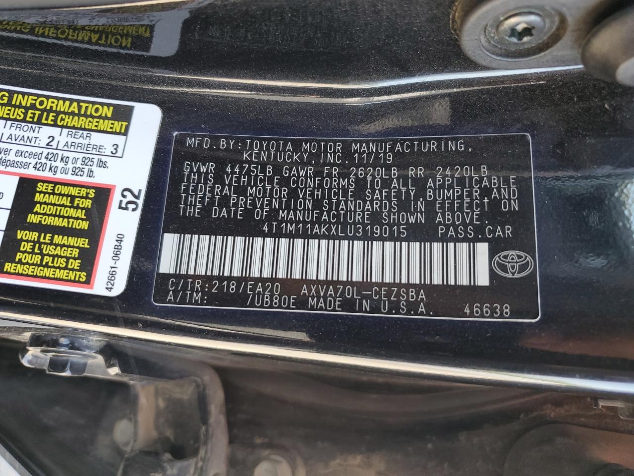 2020 Toyota Camry Se VIN: 4T1M11AKXLU319015 Lot: 81833805